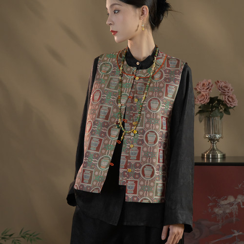 芬领-青铜器-非遗桑蚕丝蜀锦幻彩提花马甲国风BX2003-BX2005