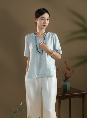 南浔-2025夏季新品100%桑蚕丝织金提花V领短袖国风上衣SY2368