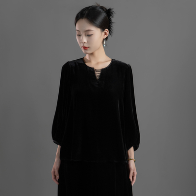 芬领-清影-秋季100%桑蚕丝设计款丝绒V领长袖上衣SY2687-SY2690