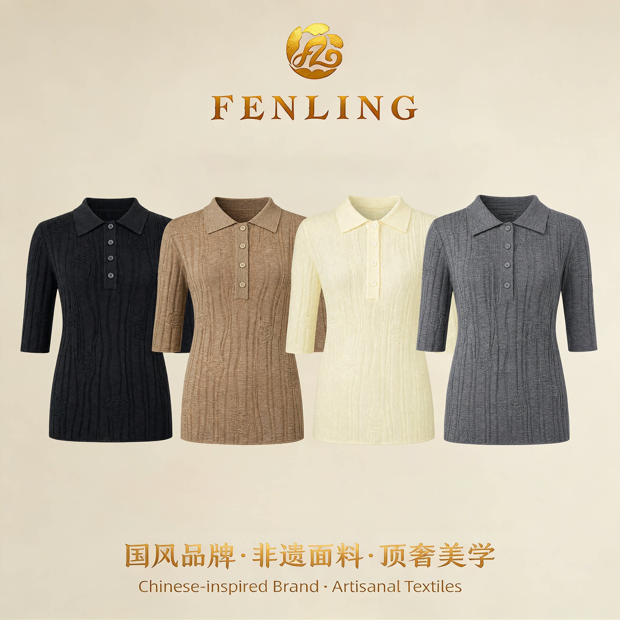 芬领- 超舒服100%极细美丽诺羊毛 polo领短袖上衣肌理针织显瘦