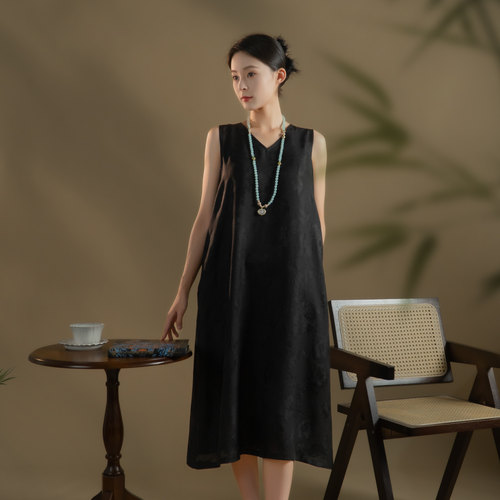 芬领-京安-桑蚕丝香云纱四经绞罗V领背心长裙SY2077-SY2080