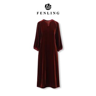 连衣裙显瘦百搭SY1819 高级感小V领桑蚕丝丝绒长袖 芬领 明禧