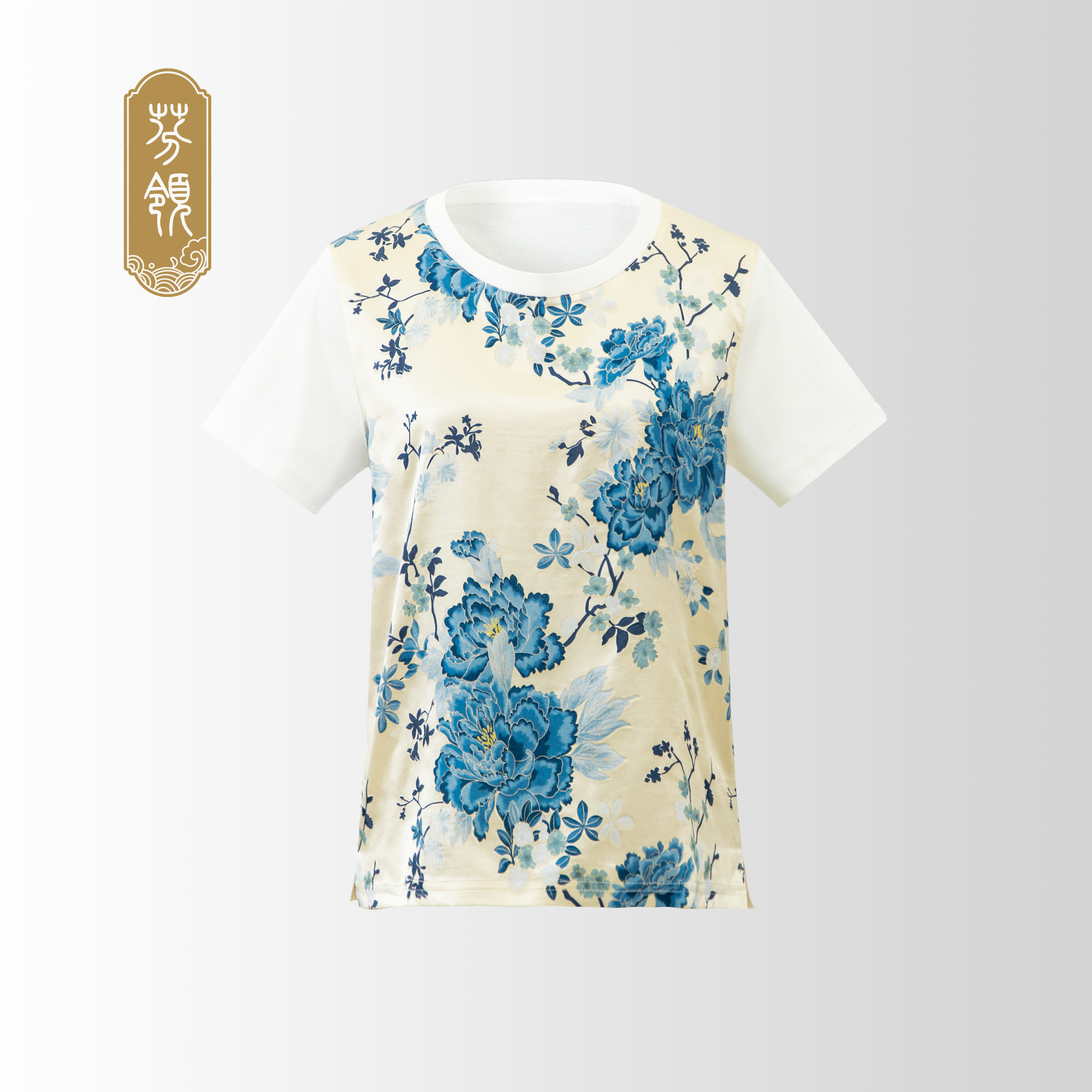 锦瑶 -新中式桑蚕丝真丝浮雕提花缎拼接纯棉短袖上衣SY900-902