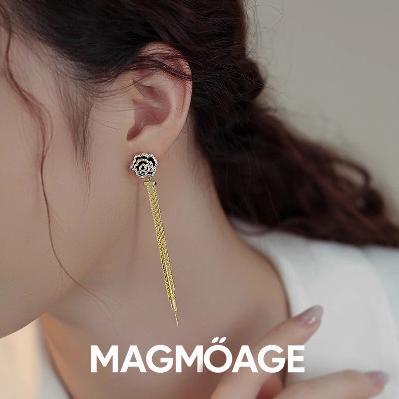 法国【设计师】MAGMOAGE山茶花长款流苏耳钉女气质优雅耳夹女