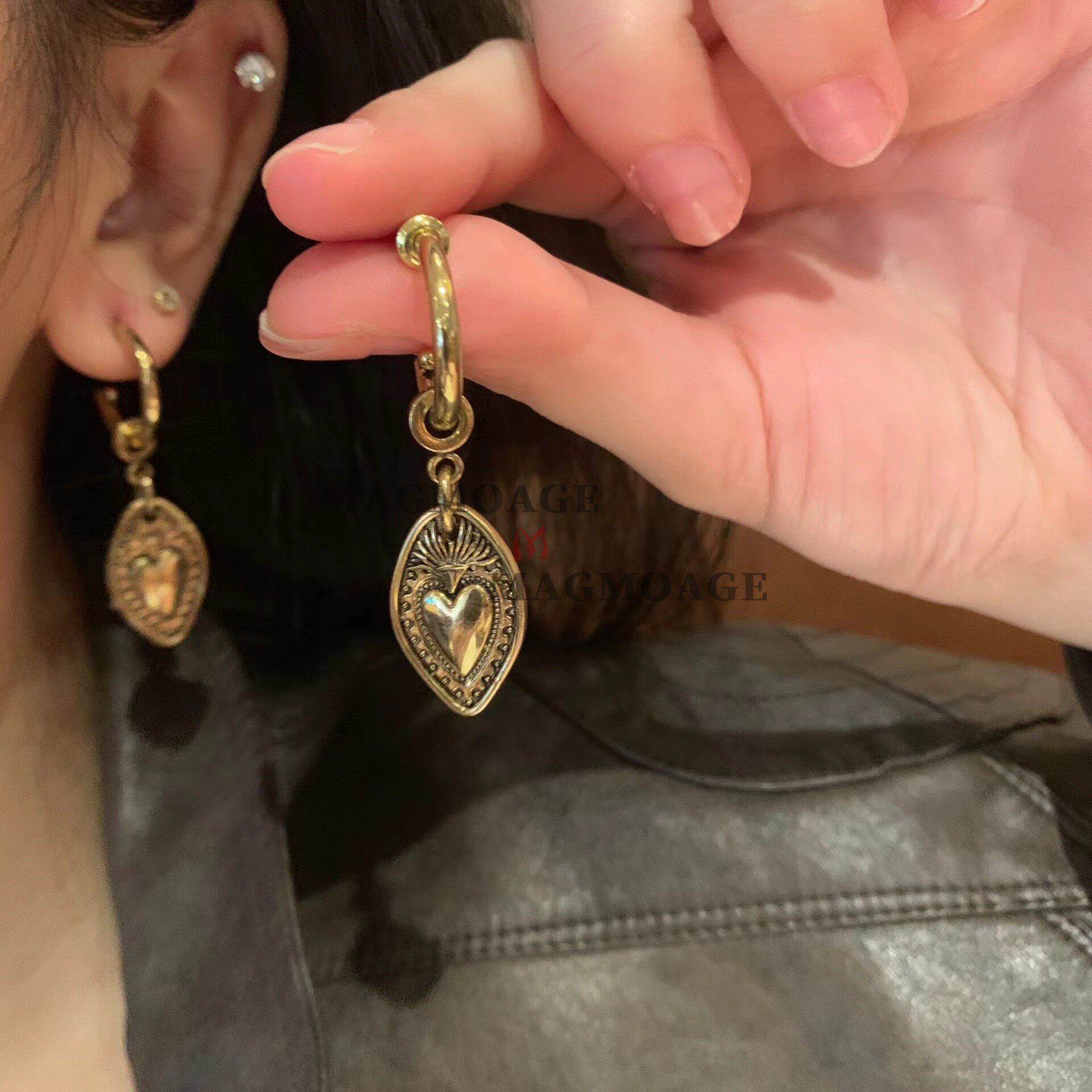 MAGMOAGE「金之盾」vintage爱心耳环复古做旧耳扣波西米亚风耳饰