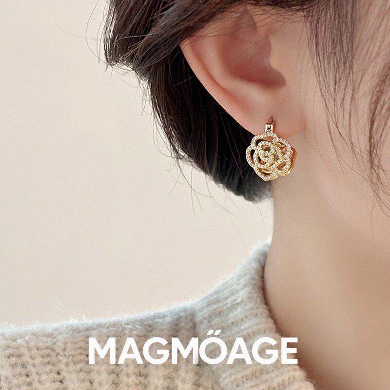 MAGMOAGE真金电镀金色山茶花耳环