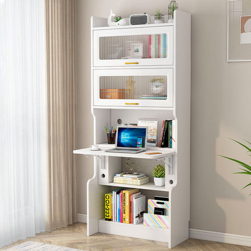 实木书桌书柜一体桌折叠电脑桌