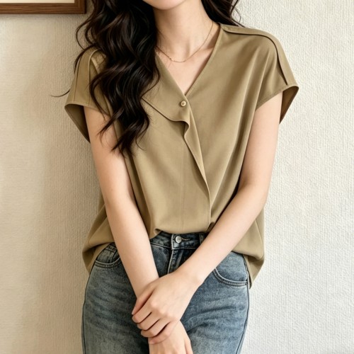 设计感连肩袖不规则衬衣女