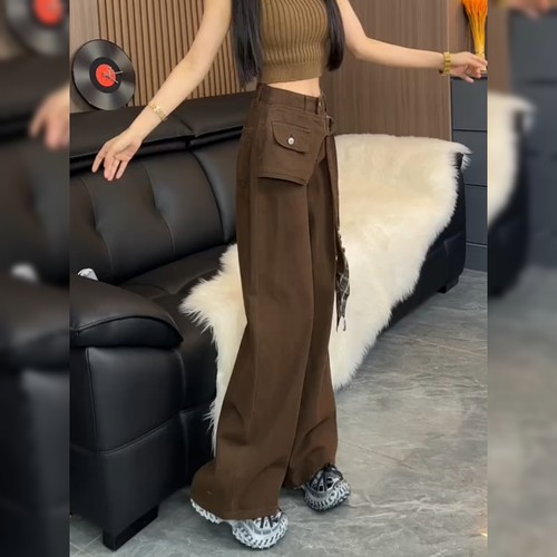 韩系复古炸街咖色牛仔裤女