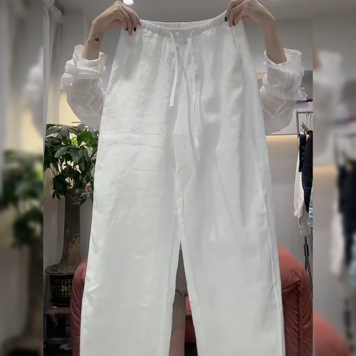 欧货贝壳白色亚麻休闲裤女