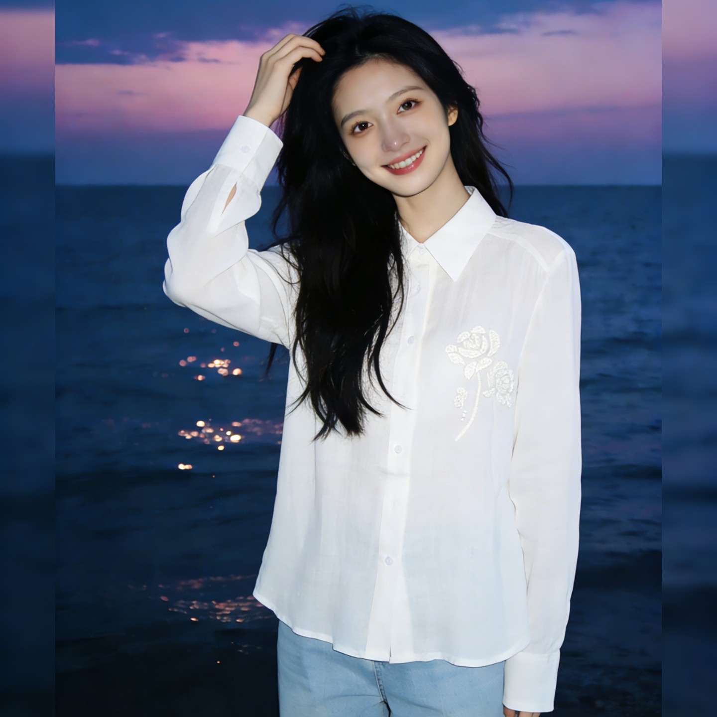 设计感白色花朵刺绣苎麻衬衫女高级感气质时尚百搭宽松显瘦衬衣