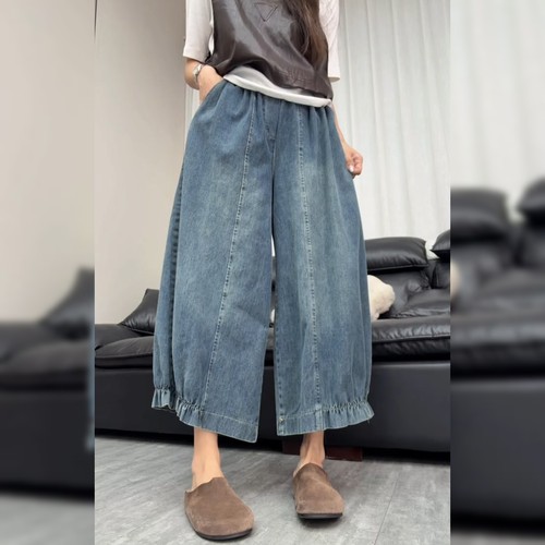 设计感炸街花边蓝色牛仔裤女