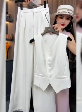 时尚V领无袖白色上衣套装女欧洲站欧货高腰宽松显瘦休闲裤两件套
