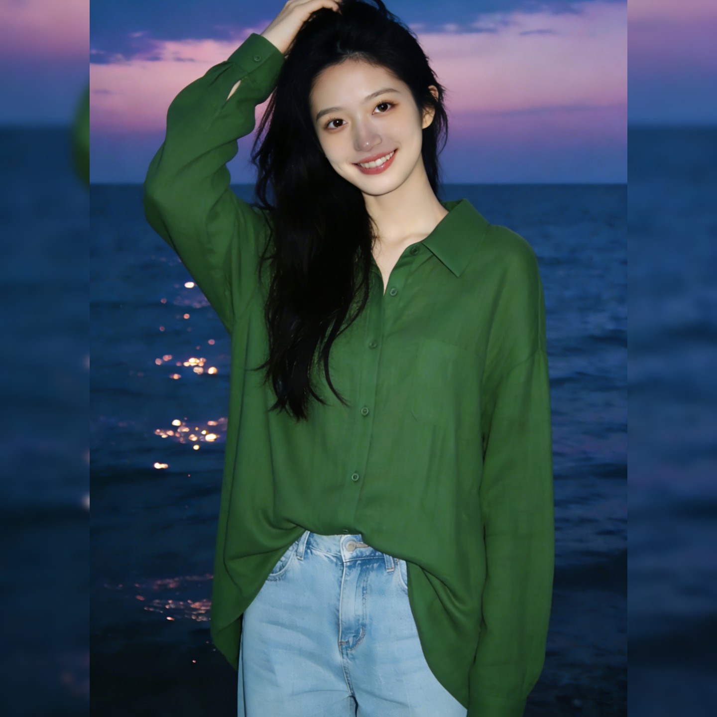 时尚宽松百搭绿色亚麻衬衫法式高级感气质休闲显瘦洋气棉麻衬衣女