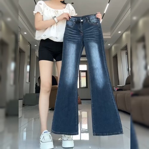 美式复古蓝色微喇牛仔裤女