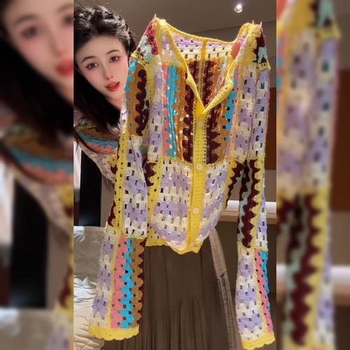 设计感重工钩花黄色上衣女