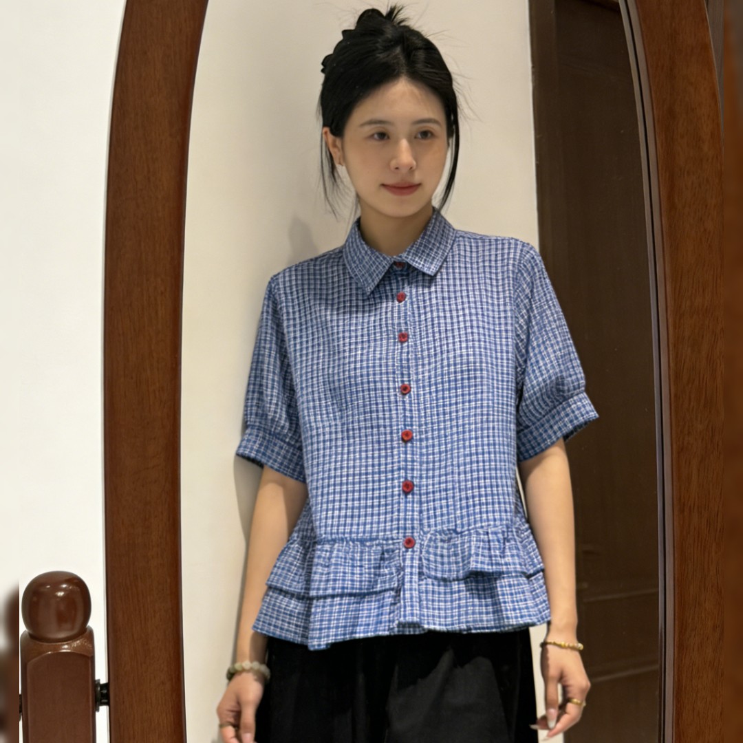 蓝色格子荷叶边短袖衬衫女韩系复古高级感休闲洋气减龄百搭上衣