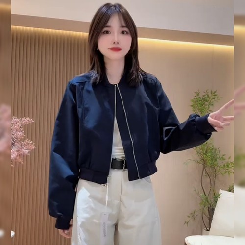韩版宽松立领藏蓝色外套女