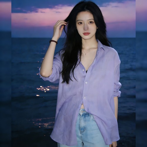 法式老钱风紫色亚麻衬衫女