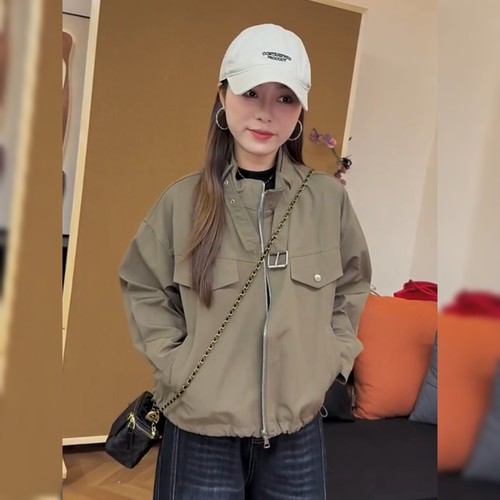 韩版宽松立领咖绿色外套女