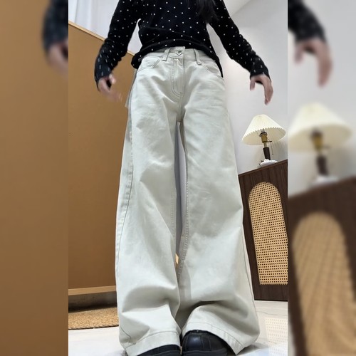 韩系宽松显瘦卡其色牛仔裤
