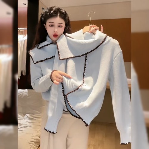 法式复古慵懒风蓝色毛衣女