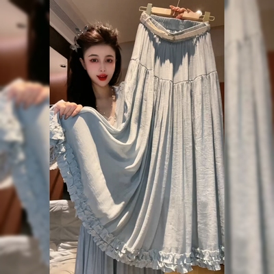 设计感木耳边蓝色半身裙女