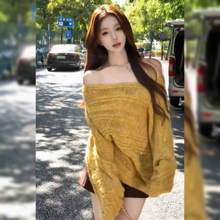 高级感重工亮片黄色毛衣女法式复古温柔风气质宽松显瘦针织上衣