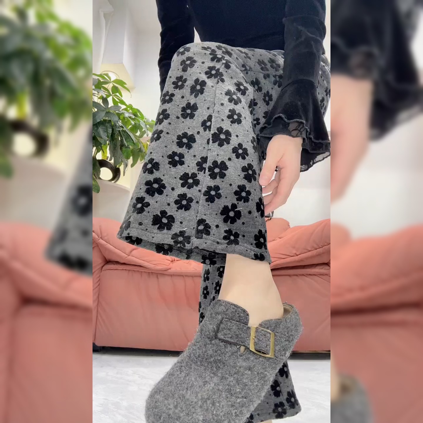 设计感立体花朵加绒休闲裤秋冬新款欧洲站欧货时尚高腰灰色阔腿裤