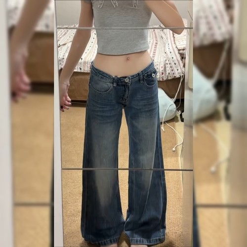 美式复古炸街蓝色牛仔裤女