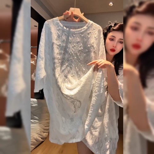 设计感重工烫钻短袖T恤女