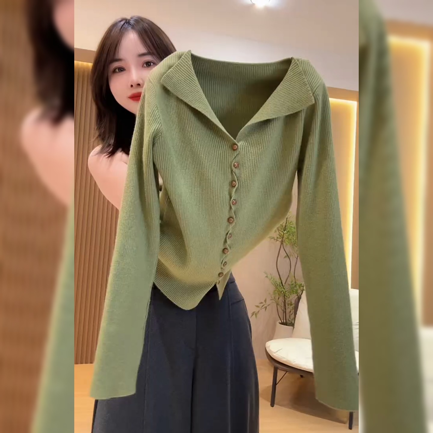 韩系翻领排扣绿色毛衣女别致高级感温柔风气质炸街休闲针织开衫
