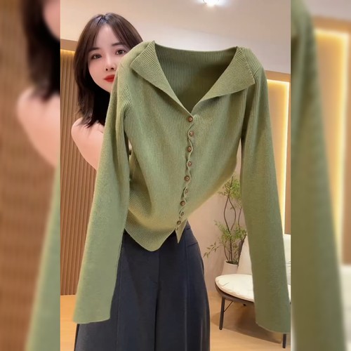 韩系翻领排扣绿色毛衣女