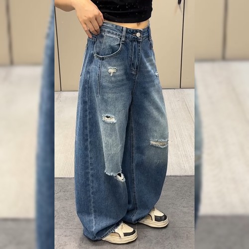 设计感炸街遮胯蓝色牛仔裤