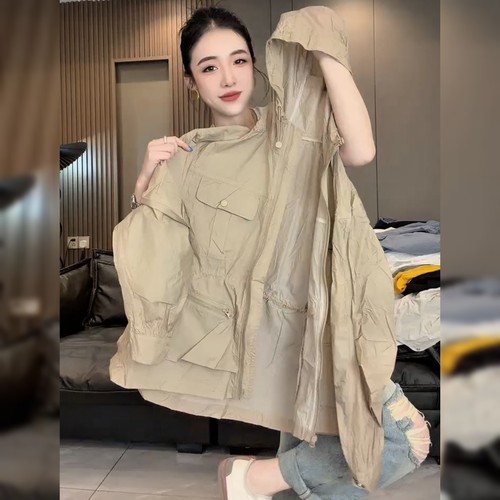 设计感炸街连帽卡其色防晒衣