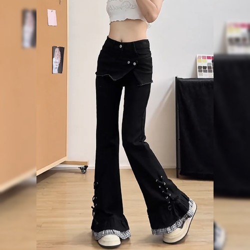 设计感炸街花边黑色牛仔裤