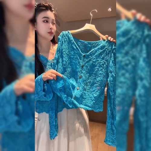 设计感重工刺绣蓝色上衣女