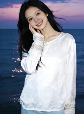 新中式国风刺绣提花上衣女别致高级感超好看重工精致宽松漂亮衬衣