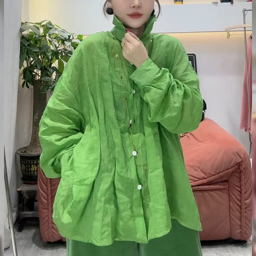 欧洲站欧货绿色棉麻防晒衬衫