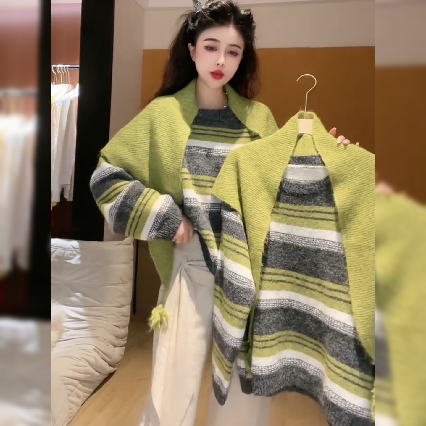 设计感炸街撞色条纹毛衣女时尚韩系温柔慵懒风气质宽松针织上衣