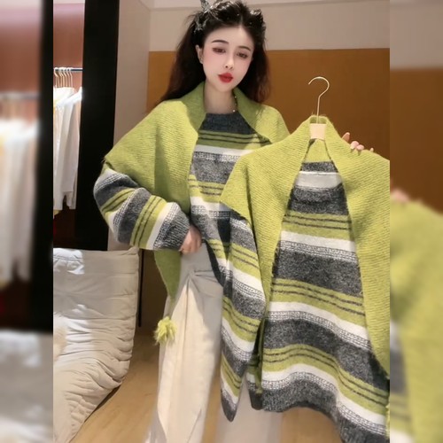 设计感炸街撞色条纹毛衣女