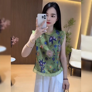 新中式木耳边无袖绿色衬衣夏季新款时尚设计感别致独特宽松上衣女