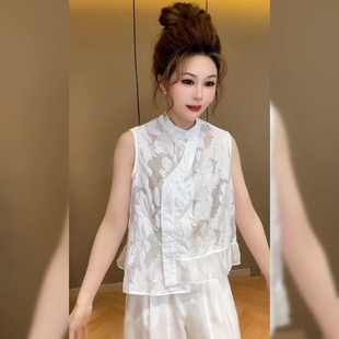 新中式国风白色无袖衬衣女夏季新款时尚设计感炸街别致独特上衣