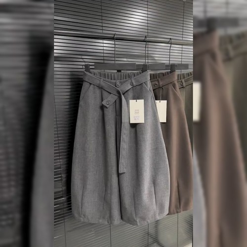 设计感后松紧灰色毛呢休闲裤