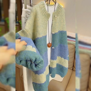 温柔慵懒风绿色毛衣外套女小个子韩系气质宽松遮肉显瘦针织开衫