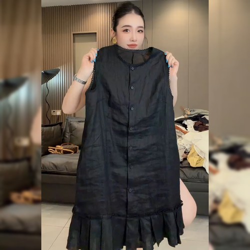 欧洲站欧货黑色棉麻背心裙