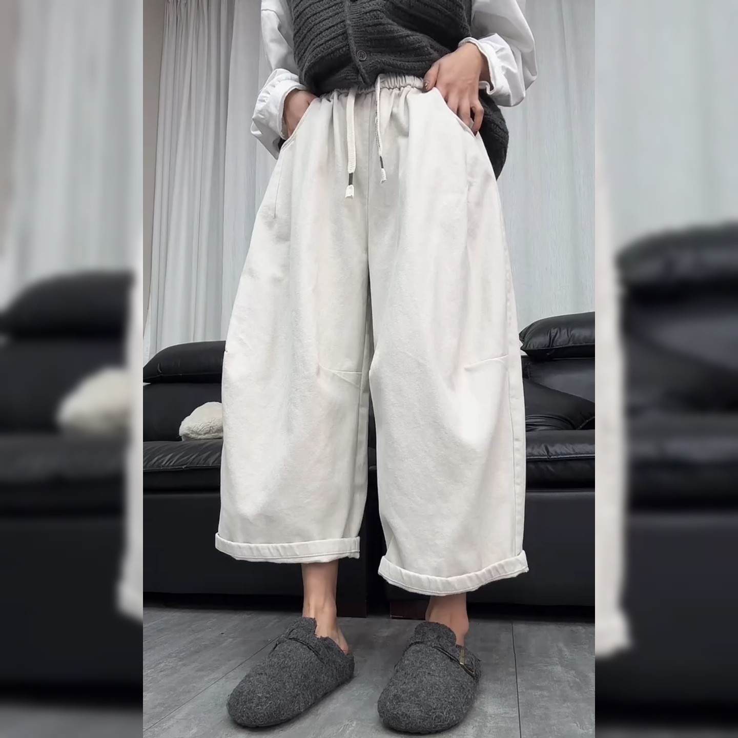 欧洲站欧货松紧腰抓绒休闲裤简约时尚梨型身材高腰宽松垂感阔腿裤