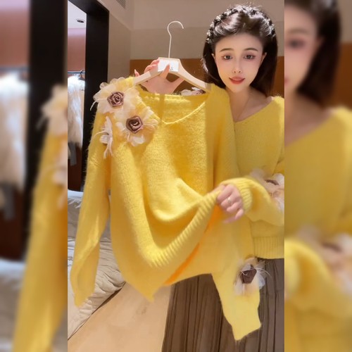 法式温柔风V领黄色毛衣女