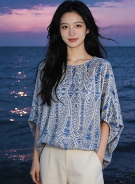 设计感炸街蝴蝶结蓝色上衣夏季新款法式温柔风气质宽松防晒衬衣女