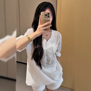设计感重工刺绣白色衬衣女夏季新款欧洲站欧货时尚洋气宽松衬衫